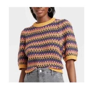 Universal Thread Colorful Knit Crochet Cotton Short Sleeve Top Size XS Retro